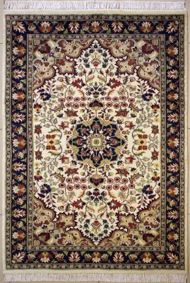 4'1"x6'2" Magical Floral Pak Persian Rug in Majestic White, Beige & Blue, New 4x6 Wool Double Knot Masterpiece, Hand-Knotted Kashan / Isfahan Rug, qk08885 