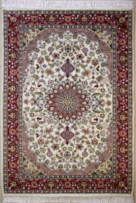 4'2"x6'3" Sophisticated Floral Pak Persian Rug in Irresistible White, Beige & Red, New 4x6 Wool Double Knot Magnum Opus, Hand-Knotted Kashan / Isfahan Rug, qk08887 