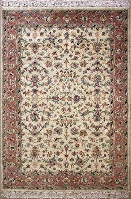 4'x6'3" Imposing Floral Pak Persian Rug in Glittering White, Beige & Reddish Brown, New 4x6 Wool Double Knot Perfection, Hand-Knotted Mahal Rug, qk08890 