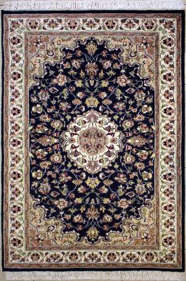 4'x6'4" Glorious Medallion Pak Persian Rug in Vibrant Blue, Beige & White, New 4x6 Wool, Silk Double Knot Perfection, Hand-Knotted Kashan / Isfahan Rug, qk08849 