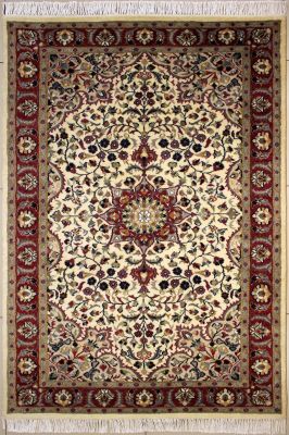 4'x6'4" Glorious Floral Pak Persian Rug in Bewitching White, Beige & Red, New 4x6 Wool, Silk Double Knot Achievement, Hand-Knotted Kashan / Isfahan Rug, qk08858 