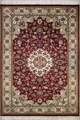 4'x6'2" Magnificent Medallion Pak Persian Rug in Enchanting Red, Beige & White, New 4x6 Wool Double Knot Excellence, Hand-Knotted Kashan / Isfahan Rug, qk08843 