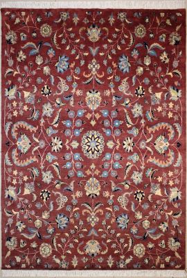 6'2"x8'10" Beaming Floral Pak Persian Rug in Sensational Red, Beige & White, New 6x9 Wool, Silk Innovation, Hand-Knotted Garden of Eden Rug, qk08881 