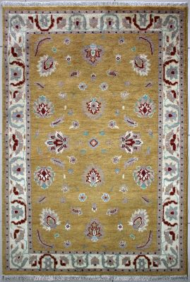 4'1x6'2 Chobi Ziegler Area Rug made using Vegetable dyes with Wool Pile - Floral Design | Hand-Knotted in Gold