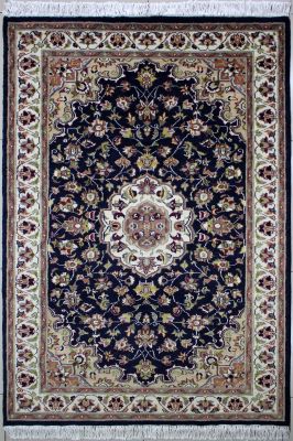 4'0x6'4 Pak Persian High Quality Area Rug with Silk & Wool Pile - Floral Design | Hand-Knotted in Blue