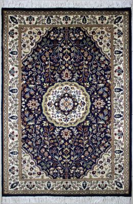 4'x6' Resplendent Floral Pak Persian Rug in Hypnotic Blue, Beige & White, New 4x6 Wool Double Knot Innovation, Hand-Knotted Kashan / Isfahan Rug, qk08783 
