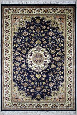 4'1x6'3 Pak Persian High Quality Area Rug with Silk & Wool Pile - Floral Design | Hand-Knotted in Blue