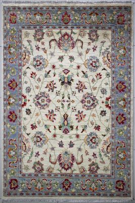 4'8x7'7 Chobi Ziegler Area Rug made using Vegetable dyes with Wool Pile - Floral Design | Hand-Knotted in White