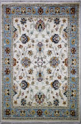 4'9x8'2 Chobi Ziegler Area Rug made using Vegetable dyes with Wool Pile - Floral Design | Hand-Knotted in White