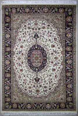 4'5x7'1 Pak Persian High Quality Area Rug with Silk & Wool Pile - Floral Medallion Design | Hand-Knotted in White