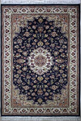 4'1x6'4 Pak Persian High Quality Area Rug with Silk & Wool Pile - Floral Design | Hand-Knotted in Blue