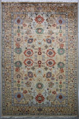6'1x9'1 Chobi Ziegler Area Rug made using Vegetable dyes with Wool Pile - Geometric Design | Hand-Knotted in Beige
