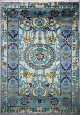 6'1x9'3 Chobi Ziegler Area Rug made using Vegetable dyes with Wool Pile - Floral Design | Hand-Knotted in White