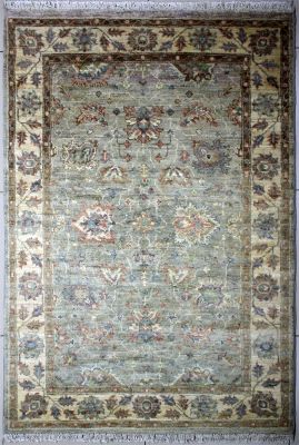 4'0x5'11 Chobi Ziegler Area Rug made using Vegetable dyes with Silk & Wool Pile - Floral Design | Hand-Knotted in Grey