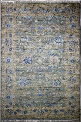 4'1x5'10 Chobi Ziegler Area Rug made using Vegetable dyes with Silk & Wool Pile - Floral Design | Hand-Knotted in Grey