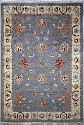 4'1x6'1 Chobi Ziegler Area Rug made using Vegetable dyes with Wool Pile - Floral Design | Hand-Knotted in Grey