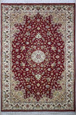 5'1x8'5 Pak Persian High Quality Area Rug with Silk & Wool Pile - Floral Medallion Design | Hand-Knotted in Red