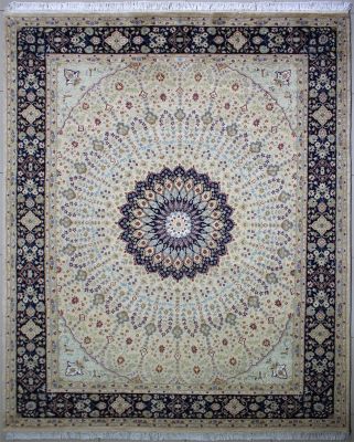 7'11"x10'4" Resplendent Floral Pak Persian Rug in Fascinating Beige, Blue & Turquoise, New 8x10 Wool, Silk Double Knot Masterpiece, Hand-Knotted Taj Mahal Rug, qk08736 