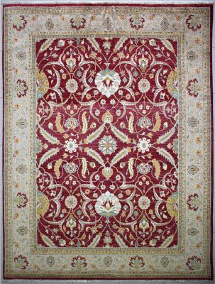 9'0x11'10 Chobi Ziegler Area Rug made using Vegetable dyes with Wool Pile - Floral Design | Hand-Knotted in Red
