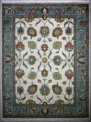 9'0x12'0 Chobi Ziegler Area Rug made using Vegetable dyes with Wool Pile - Floral Design | Hand-Knotted in White