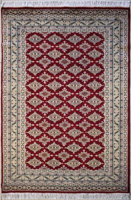 4'x6' Awesome Diamond Bokhara Jaldar Rug in Exhilarating Red, Beige & Grey, New 4x6 Wool, Silk Achievement, Hand-Knotted Rug, qk08927 