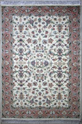 4'1"x6'3" Rejuvenating Floral Pak Persian Rug in Scintillating White, Beige & Reddish Brown, New 4x6 Wool Double Knot Work of Art, Hand-Knotted Mahal Rug, qk08926 