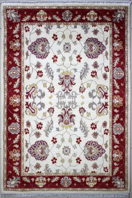 4'1"x6'5" Sparkling Floral Chobi Ziegler Rug in Rhythmic Organic Dyed White, Beige & Red, New 4x6 Wool Double Knot Creation, Hand-Knotted Rug, qk08941 