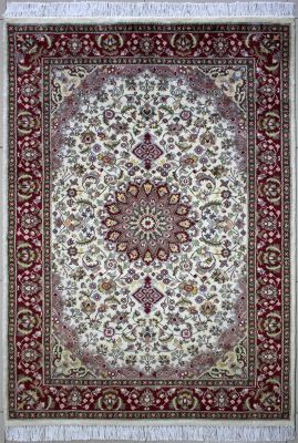 4'1"x6'2" Sophisticated Medallion Pak Persian Rug in Resplendent White, Beige & Red, New 4x6 Wool Double Knot Work of Art, Hand-Knotted Kashan / Isfahan Rug, qk08936 