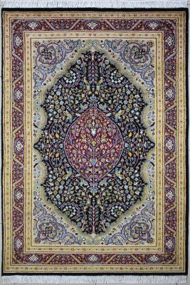 4'6"x7'3" Surreal Floral Pak Persian Rug in Luminous Black, Beige & Red, New 4.5x7 Wool Double Knot Wonder, Hand-Knotted Kashan / Isfahan Rug, qk08939 