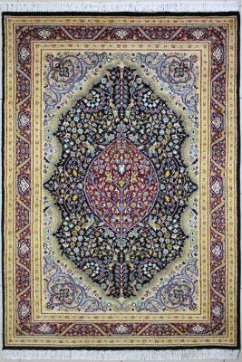 4'6"x7'2" Ecstatic Floral Pak Persian Rug in Scintillating Black, Beige & Red, New 4.5x7 Wool Double Knot Magnum Opus, Hand-Knotted Kashan / Isfahan Rug, qk08940 