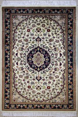 3'1"x5'3" Elated Floral Pak Persian Rug in Exotic White, Beige & Black, New 3x5 Wool Double Knot Innovation, Hand-Knotted Kashan / Isfahan Rug, qk08966