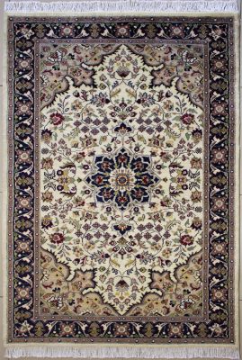 4'x6'4" Magical Floral Pak Persian Rug in Irresistible White, Beige & Black, New 4x6 Wool Double Knot Handiwork, Hand-Knotted Kashan / Isfahan Rug, qk08962