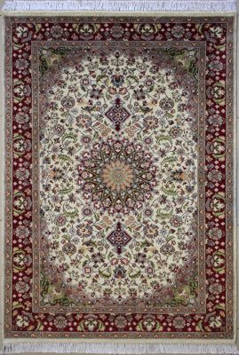 4'2"x6'3" Delightful Floral Pak Persian Rug in Lustrous White, Beige & Red, New 4x6 Wool Double Knot Creation, Hand-Knotted Kashan / Isfahan Rug, qk08960