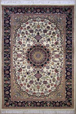 4'1"x6'3" Illustrious Floral Pak Persian Rug in Irresistible White, Beige & Black, New 4x6 Wool Double Knot Pinnacle, Hand-Knotted Kashan / Isfahan Rug, qk08963