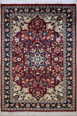 3'11"x6'3" Enticing Floral Pak Persian Rug in Passionate Red, Beige & Blue, New 4x6 Wool Double Knot Manifestation, Hand-Knotted Kashan / Isfahan Rug, qk08964