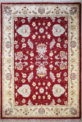 4'1"x6'2" Soothing Floral Chobi Ziegler Rug in Warming Red, Grey & White, New 4x6 Wool Double Knot Composition, Hand-Knotted Rug, qk08948