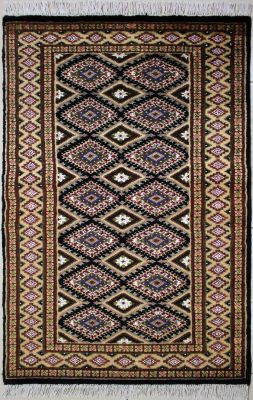 3'1"x5' Outstanding Diamond Bokhara Jaldar Rug in Charming Black, Beige, New 3x5 Wool, Silk Rarity, Hand-Knotted Rug, qk08957