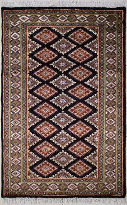 3'3"x5'3" Legendary Diamond Bokhara Jaldar Rug in Charming Brown, Red & White, New 3x5 Wool, Silk Artwork, Hand-Knotted Rug, qk08951