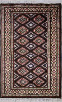 3'x5'2" Divine Diamond Bokhara Jaldar Rug in Enthralling Brown, Green & White, New 3x5 Wool, Silk Execution, Hand-Knotted Rug, qk08952