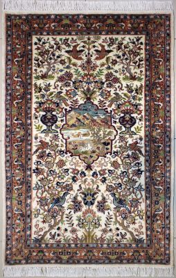 3'1"x5' Impressive Pictorial Pak Persian Rug in Sensational White, Beige & Reddish Brown, New 3x5 Wool, Silk Gem, Hand-Knotted Hunting Scene Rug, qk08947