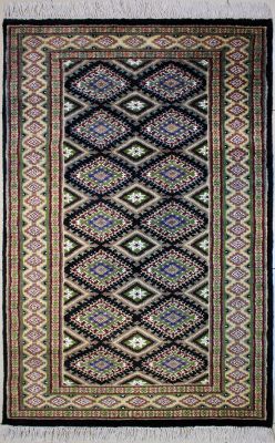 3'x5'2" Alluring Diamond Bokhara Jaldar Rug in Electrifying Black, Green & White, New 3x5 Wool, Silk Masterpiece, Hand-Knotted Rug, qk08953