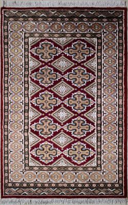 3'1"x5'2" Soothing Diamond Bokhara Jaldar Rug in Exotic Red, Grey & Reddish Brown, New 3x5 Wool, Silk Accomplishment, Hand-Knotted Rug, qk08946