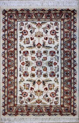 2'7"x4'1" Rejuvenating Floral Pak Persian Rug in Glimmering White, Beige & Reddish Brown, New 2.5x4 Wool, Silk Composition, Hand-Knotted Mahal Rug, qk08955