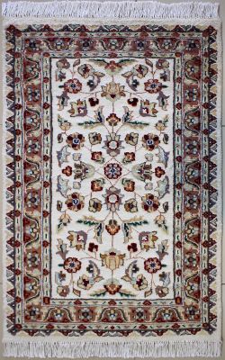 2'6"x4'1" Tranquil Floral Pak Persian Rug in Enrapturing White, Beige & Reddish Brown, New 2.5x4 Wool, Silk Composition, Hand-Knotted Mahal Rug, qk08954