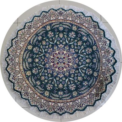 5'x5'1" Legendary Floral Pak Persian Rug in Tranquil Green, Grey & White, New 5x5 Wool Double Knot Beauty, Round Hand-Knotted Kashan / Isfahan Rug, qk08969