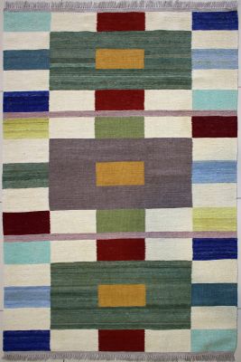 4'2"x6'2" Stimulating Checkered Gabbeh Rug in Opulent Organic Dyed Multi-colors, New 4x6 Wool Kilim Achievement, Flatweave Contemporary Rug, qw15