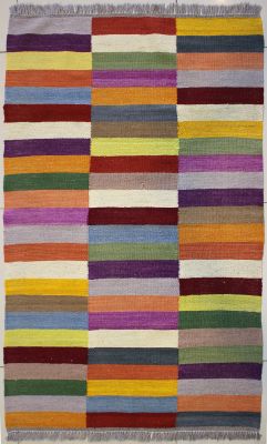 3'2"x5'3" Sizzling Checkered Gabbeh Rug in Shining Organic Dyed Multi-colors, New 3x5 Wool Kilim Jewel, Flatweave Contemporary Rug, qw13