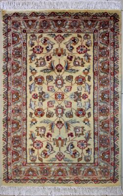 2'6"x4'2" Luminous Floral Pak Persian Rug in Captivating Gold, Brown & Red, New 2.5x4 Wool, Silk Execution, Hand-Knotted Mahal Rug, qk08999