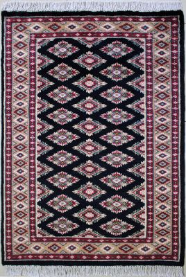 3'2"x5'1" Magnificent Diamond Bokhara Jaldar Rug in Stunning Black, Brown & Red, New 3x5 Wool, Silk Treasure, Hand-Knotted Rug, qk08998