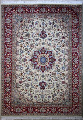 5'11"x8'9" Grand Floral Pak Persian Rug in Magnetic White, Beige & Red, New 6x9 Wool, Silk Double Knot Elegance, Hand-Knotted Kashan / Isfahan Rug, qk08984
